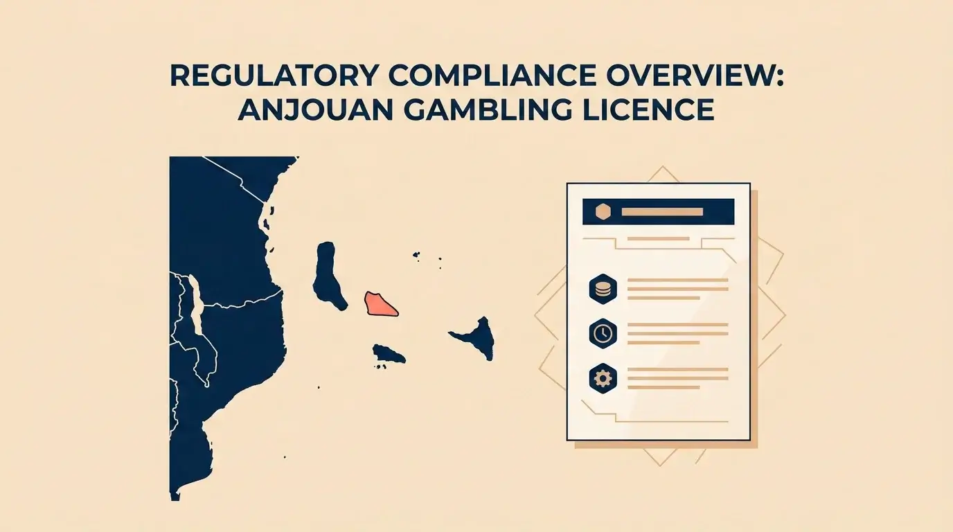 Editorial map and document illustration referencing the Anjouan offshore gambling licence in the Union of the Comoros, with a small information sheet listing typical licence fee, processing time and oversight level.