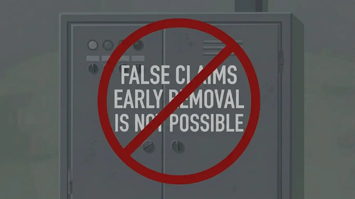 A crossed-out warning symbol over a generic workaround service, signalling that early-removal claims are false