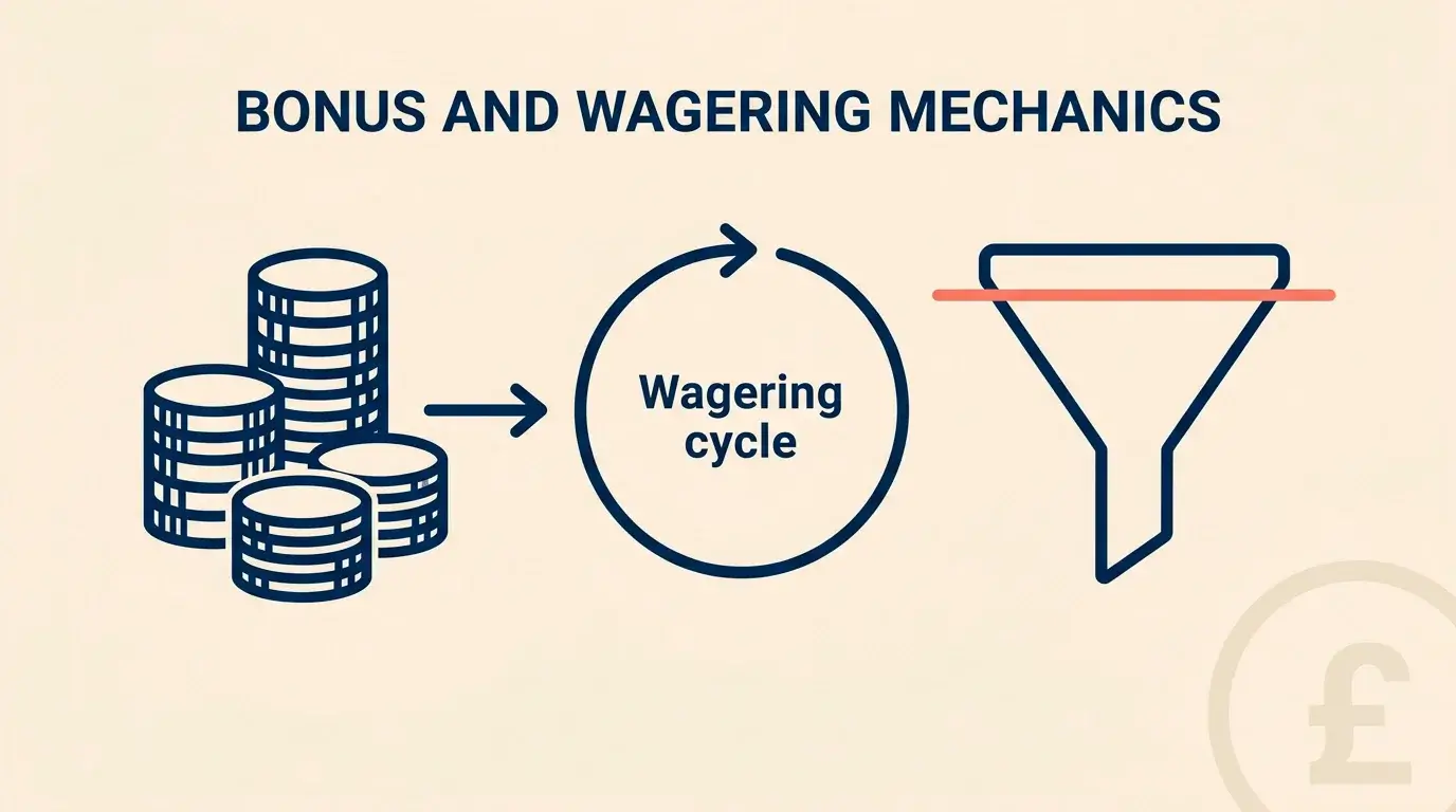 Editorial illustration of bonus mechanics with a 200% match bonus on a £100 deposit being cycled through 50x wagering, with a maximum-cashout cap visible below as a clear constraint on the headline amount.