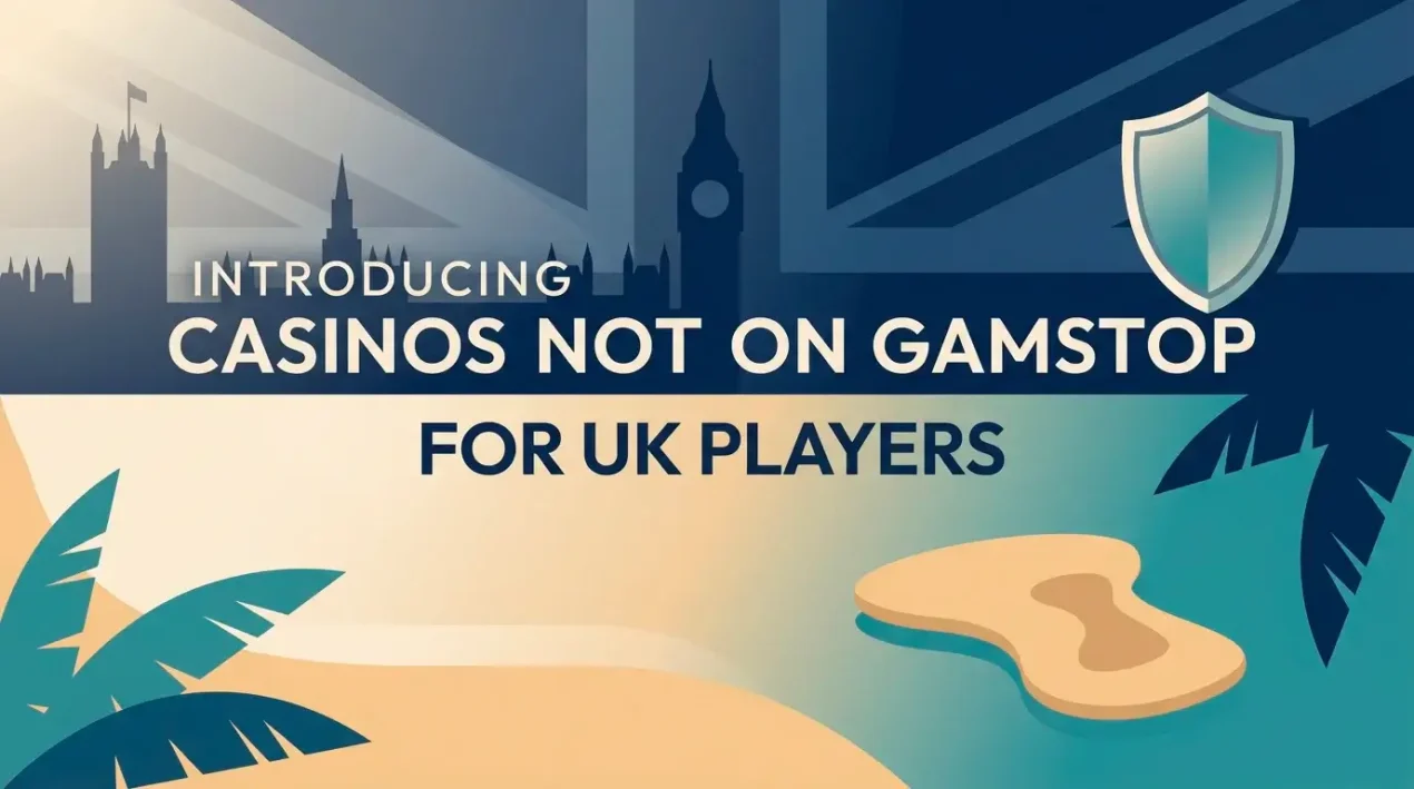 A measured editorial illustration introducing the topic of casinos not on GamStop for UK players, showing a UK regulatory layer above an offshore gambling layer separated by a clear boundary.