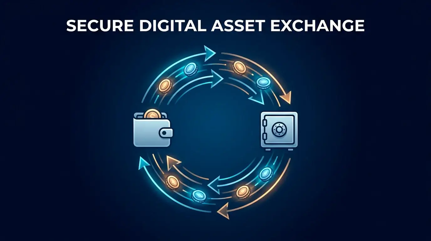 A circular flow diagram of coins moving between a personal wallet and a casino address, illustrating crypto deposits and withdrawals.