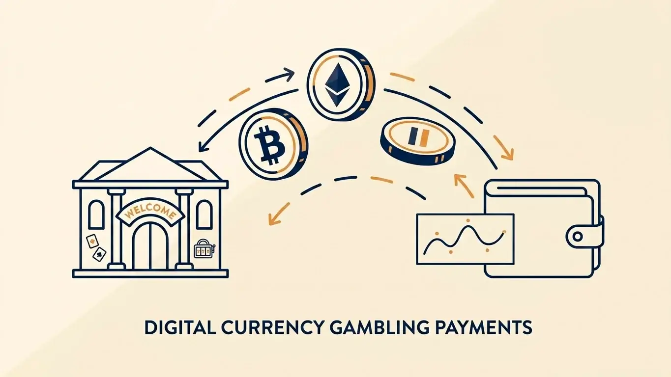 Editorial illustration of Bitcoin, Ethereum and USDT tokens flowing between a non-GamStop casino and a player wallet, with a small note on volatility and KYC at withdrawal.