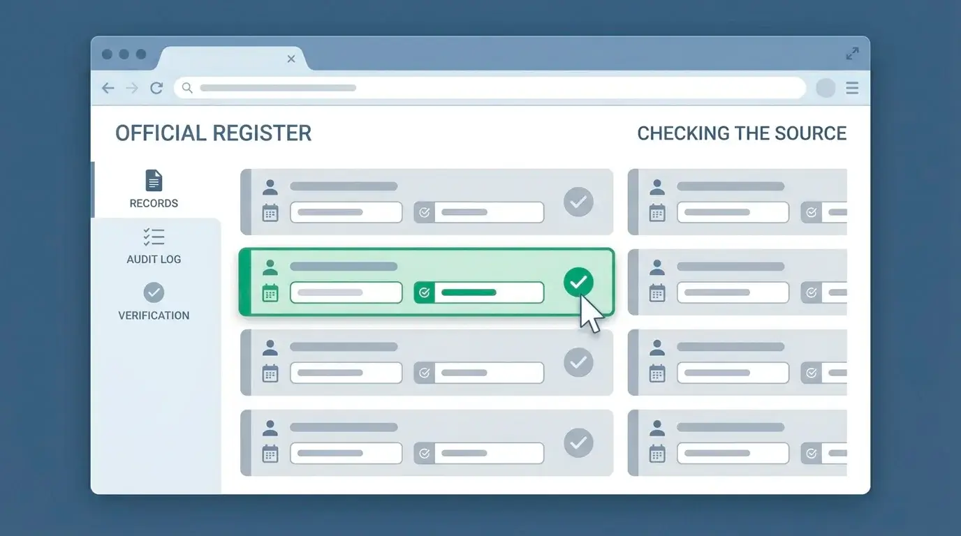 A browser window showing a regulator certification register being used to verify a casino licence