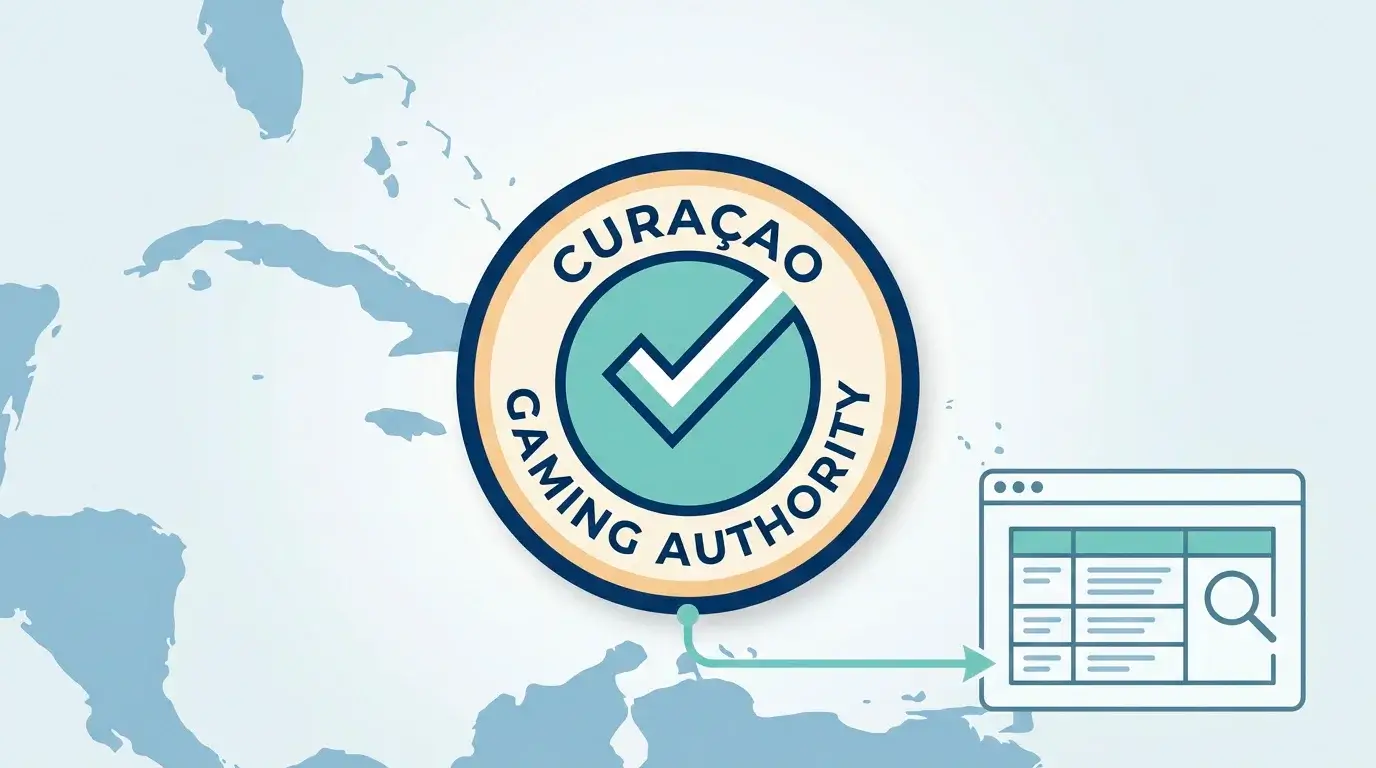 Editorial flat illustration of the Curaçao Gaming Authority certification badge linked to the cert.gcb.cw verification register, set against a stylised map of the Caribbean.