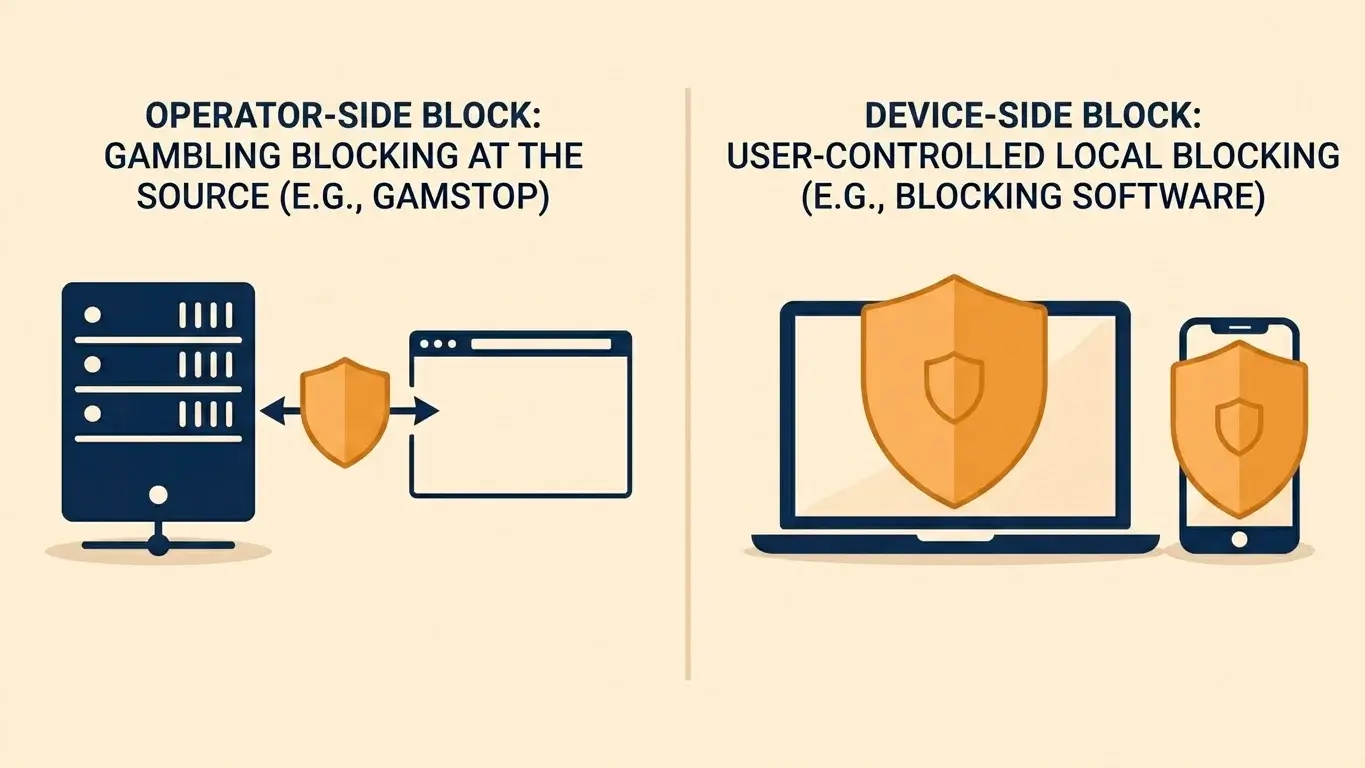 Side-by-side editorial comparison illustration showing operator-side blocking via GamStop on the left and device-side blocking via tools like Gamban on the right, with each technology label clearly distinguished.
