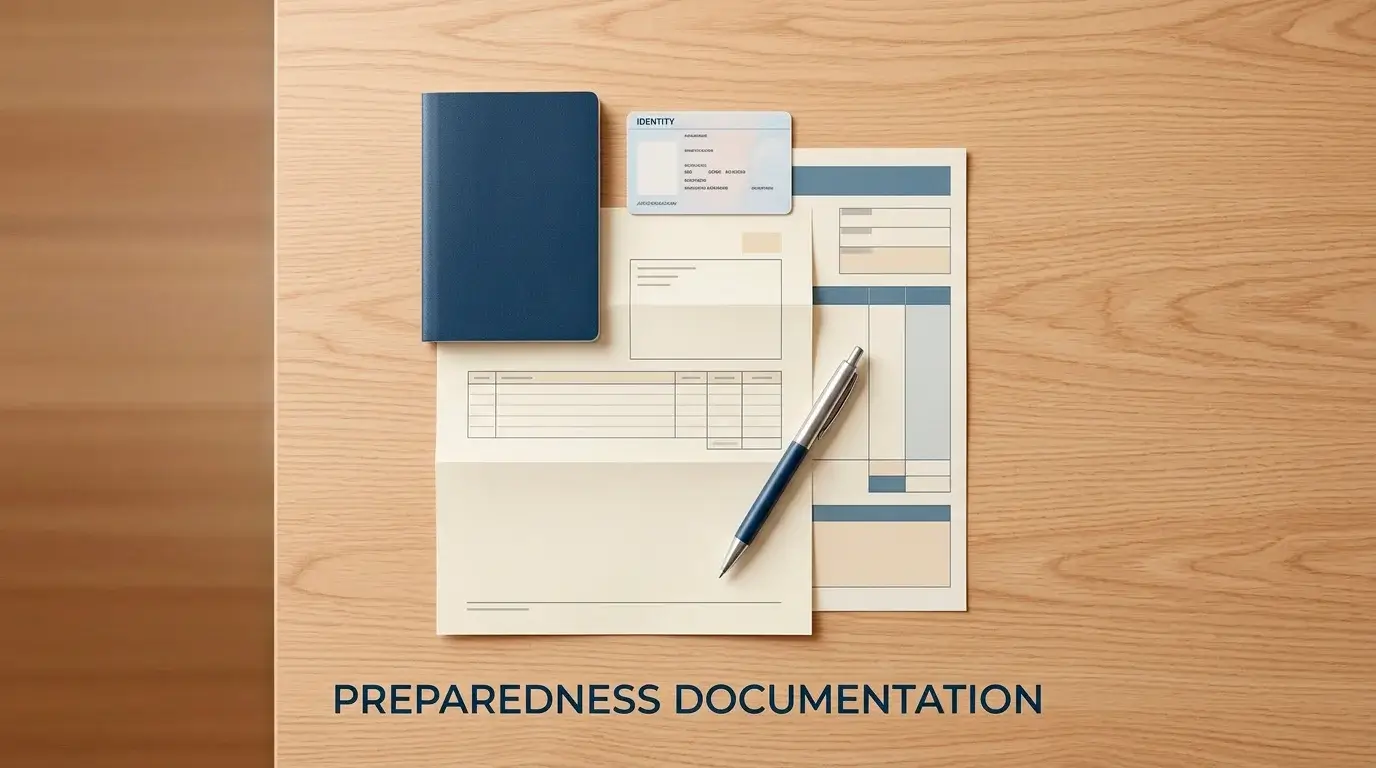 A neatly organised set of identity and address documents prepared in advance for casino verification.