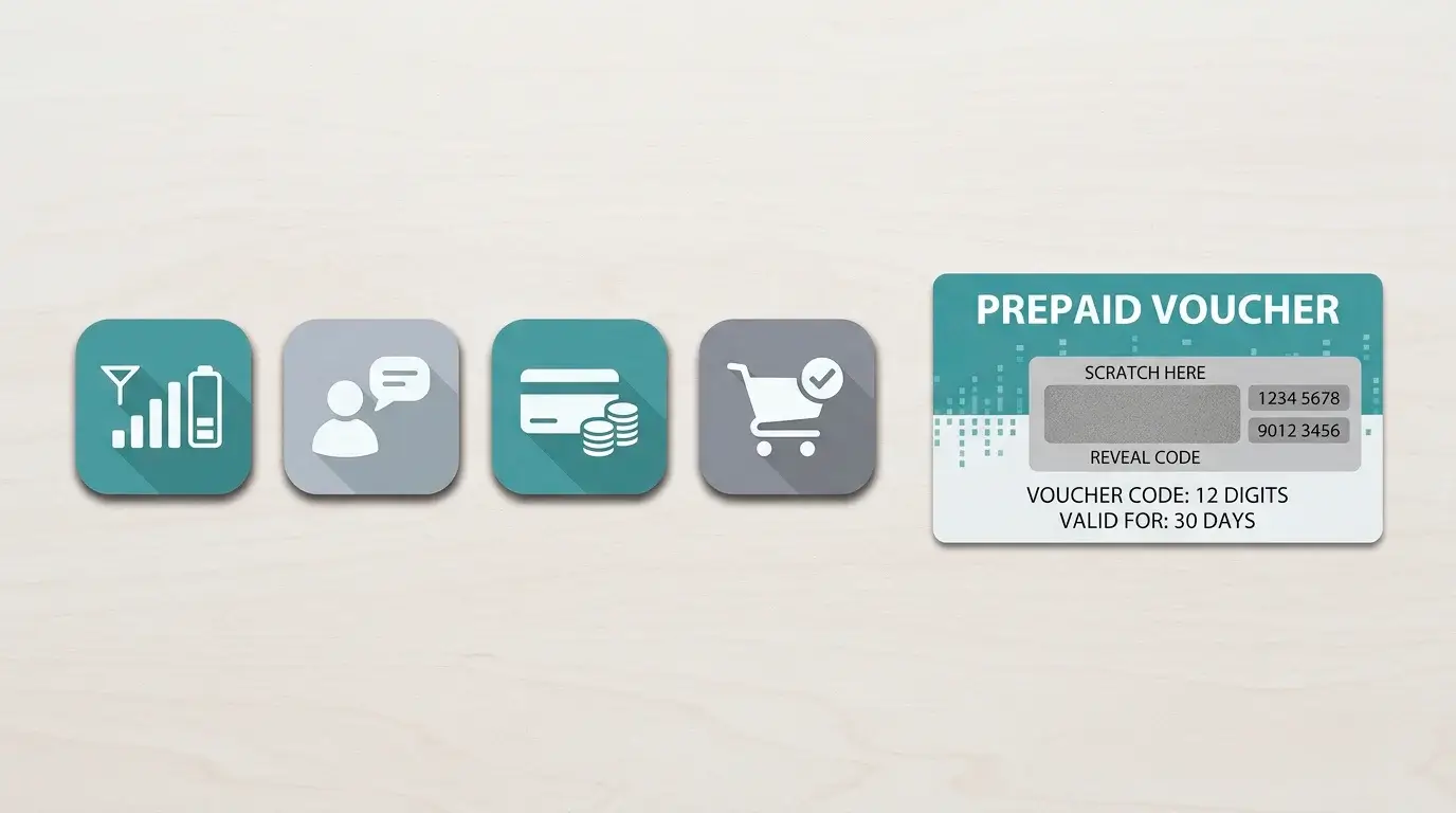 A row of generic e-wallet app tiles and a prepaid voucher card, representing digital wallet payment options.