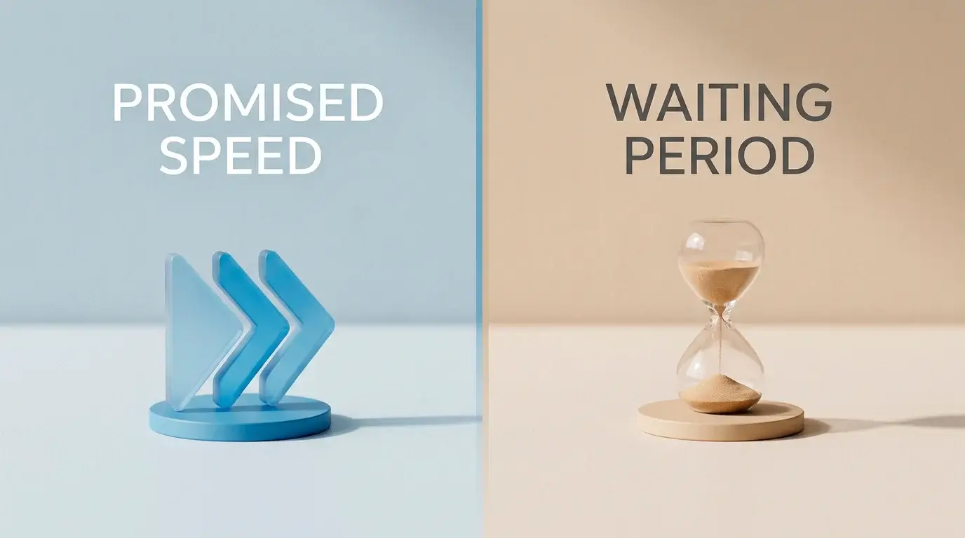 A fast-forward icon next to an hourglass, showing the gap between fast-withdrawal marketing and verification delays.