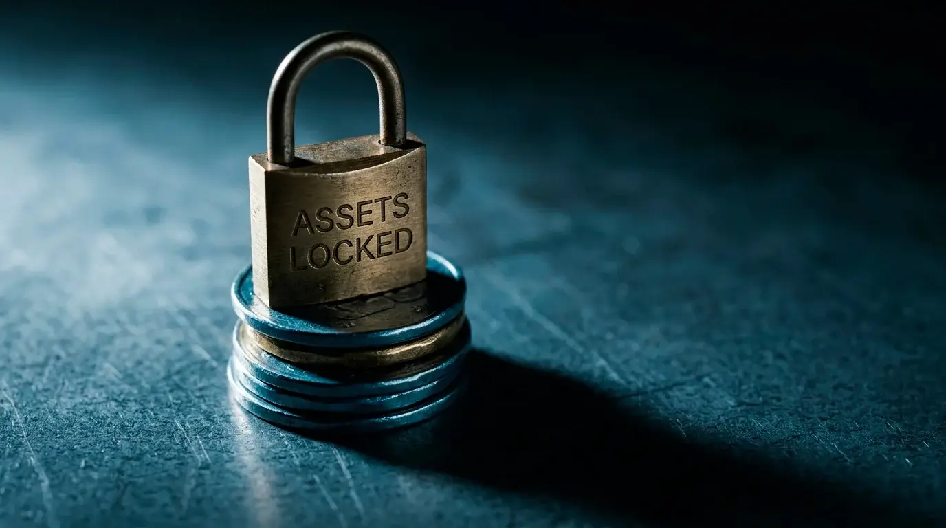 A padlock over a stylised account balance, illustrating funds held during withdrawal-stage verification at offshore casinos.