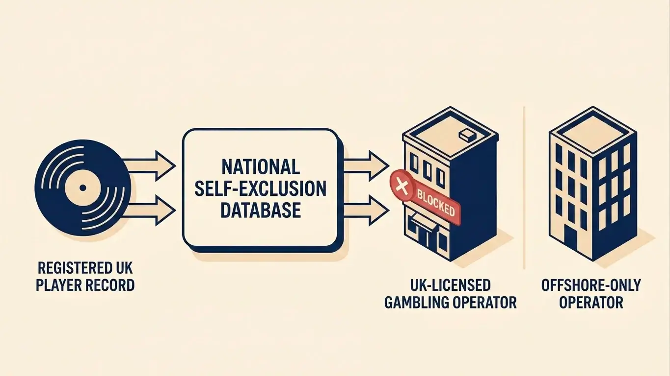 A flat editorial diagram of the GamStop self-exclusion database, with a registered UK player record being matched and blocked at a UK-licensed operator while an offshore-only operator on the right has no link to the database.