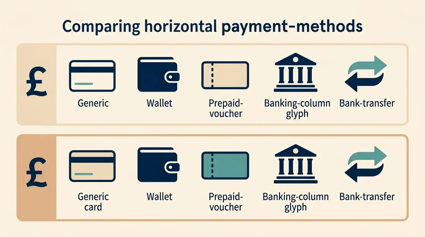Editorial side-by-side illustration of GBP payment methods at non-GamStop casinos versus UKGC sites, with debit cards, PayPal, Paysafecard, Skrill, Neteller, Trustly and bank transfer ranged across both columns.