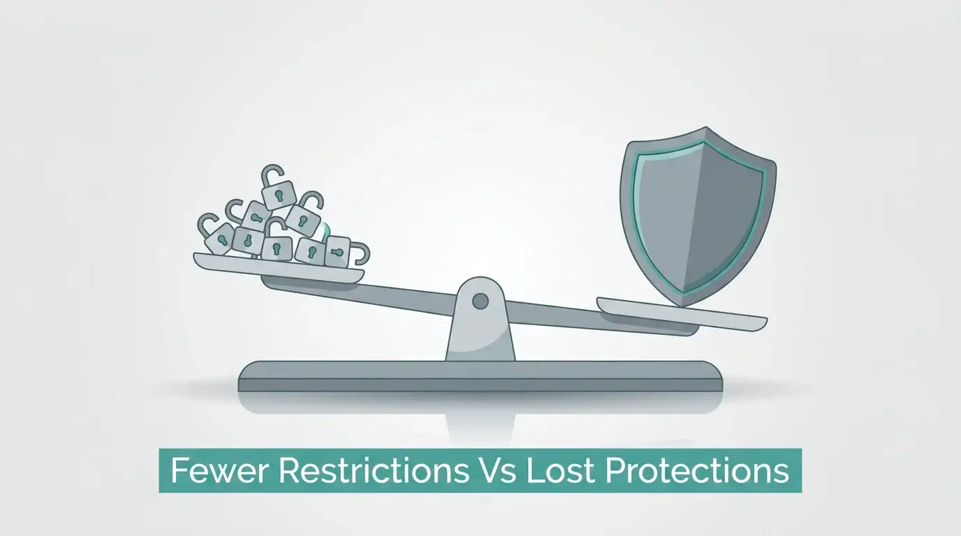 A balance scale weighing fewer restrictions on one side against lost protections on the other