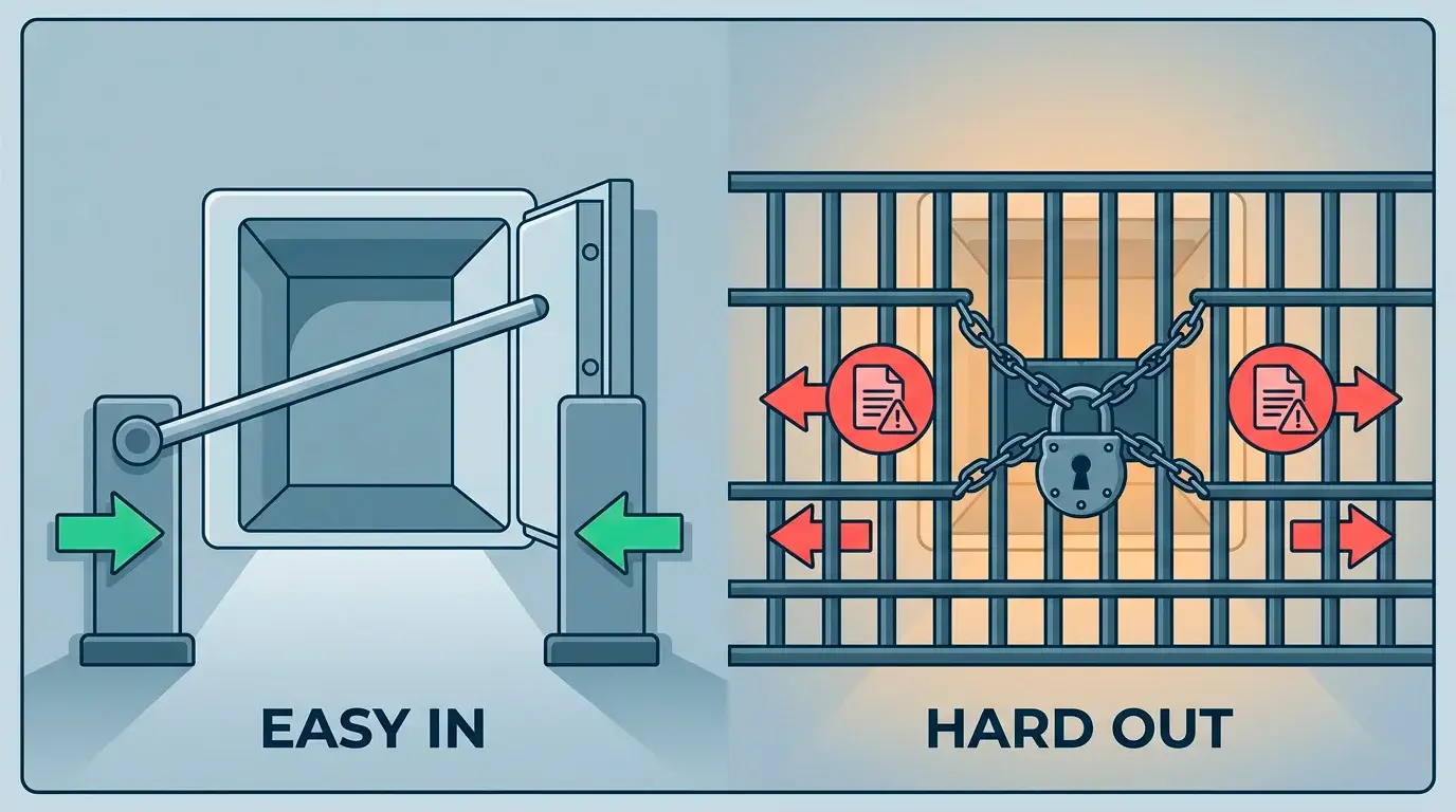 An easy open gate for deposits beside a heavily barred gate for withdrawals, showing the deposit-easy withdrawal-hard pattern
