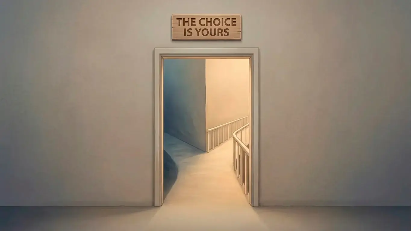 An open door with one path leading to a protected area and another to an unguarded one, illustrating the choice players face