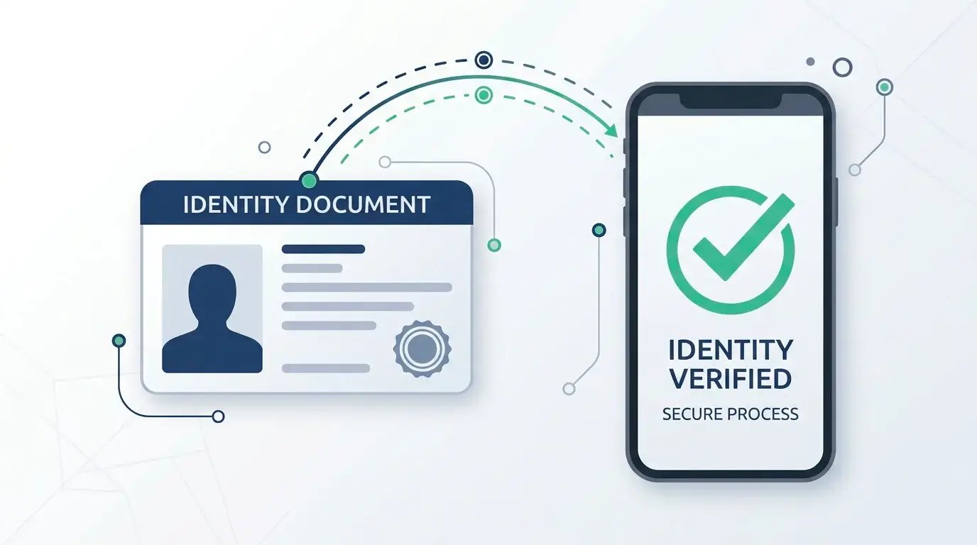A generic identity document beside a phone showing a verification checkmark, representing identity confirmation in the removal process