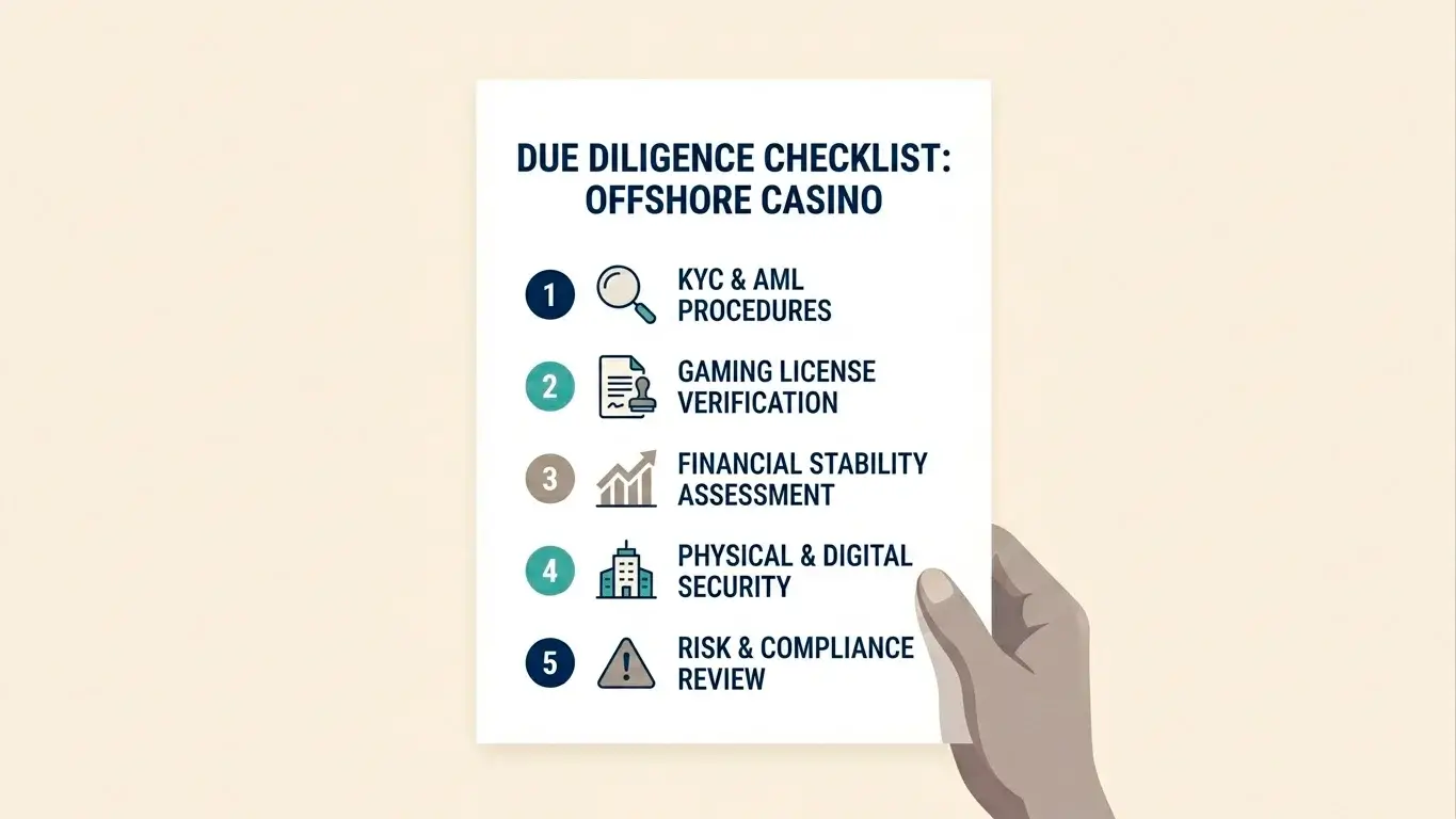 Editorial check-list illustration of due-diligence steps for an offshore casino: verify licence on the GCB register, read the bonus terms, check withdrawal limits, check ownership disclosure, search for documented complaints.