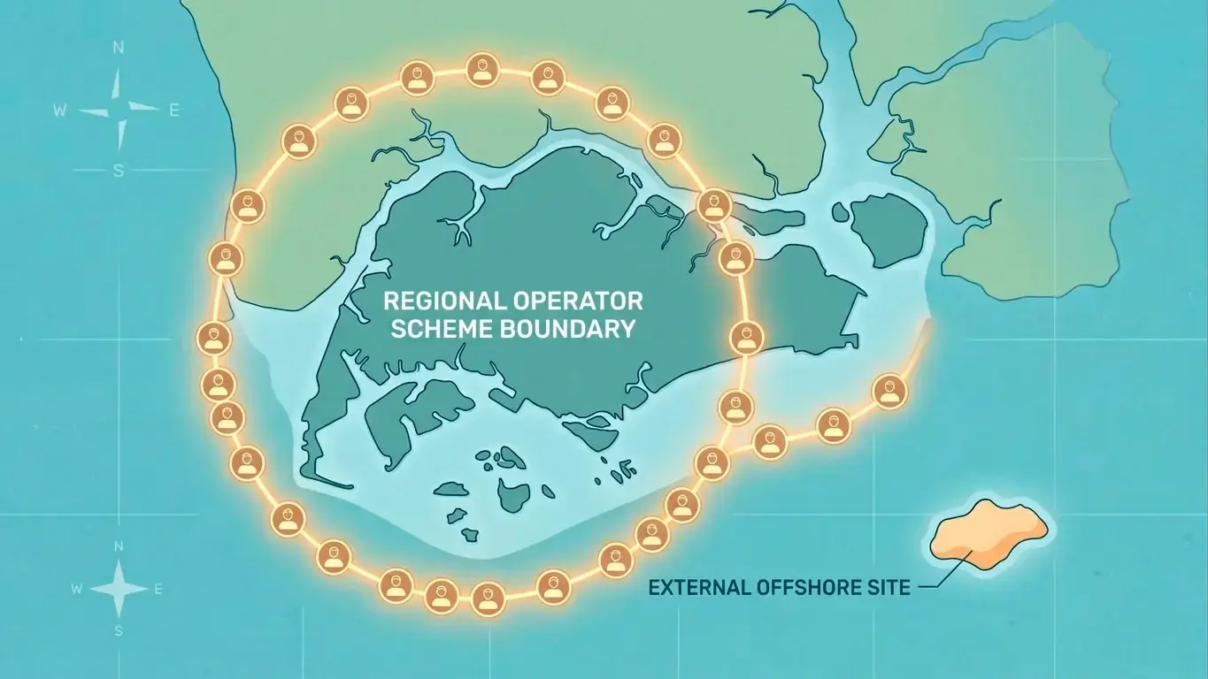 Map-style illustration contrasting a UK-licensed operator inside the scheme with an offshore operator outside it