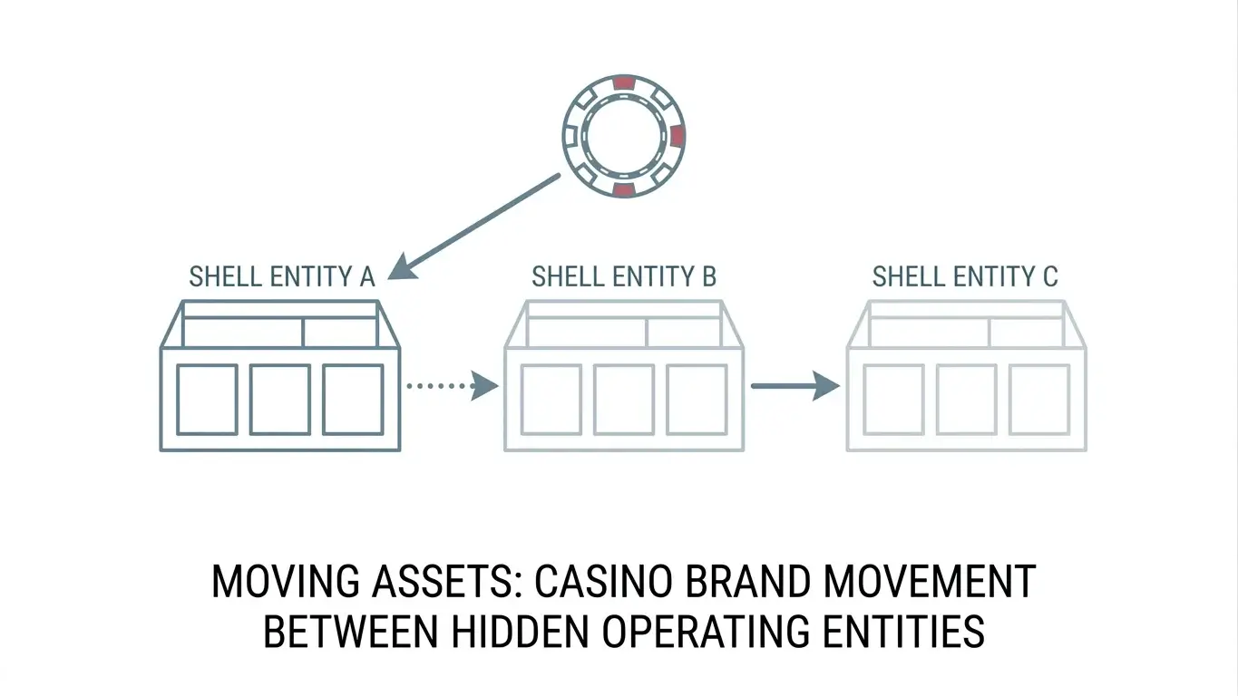 Illustration of a casino brand shifting between several shell entities, representing operator migration risk