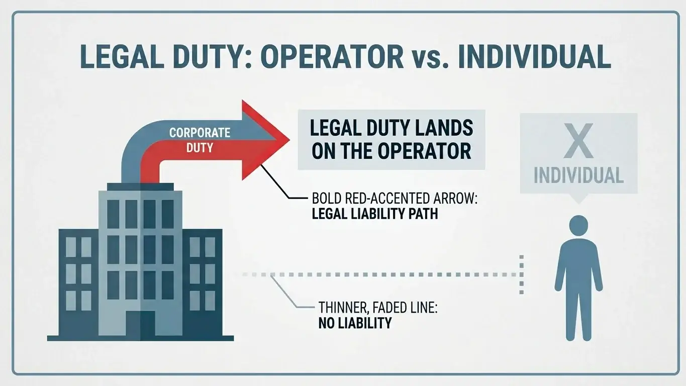 Illustration showing a legal obligation arrow pointing at an operator building rather than at an individual player