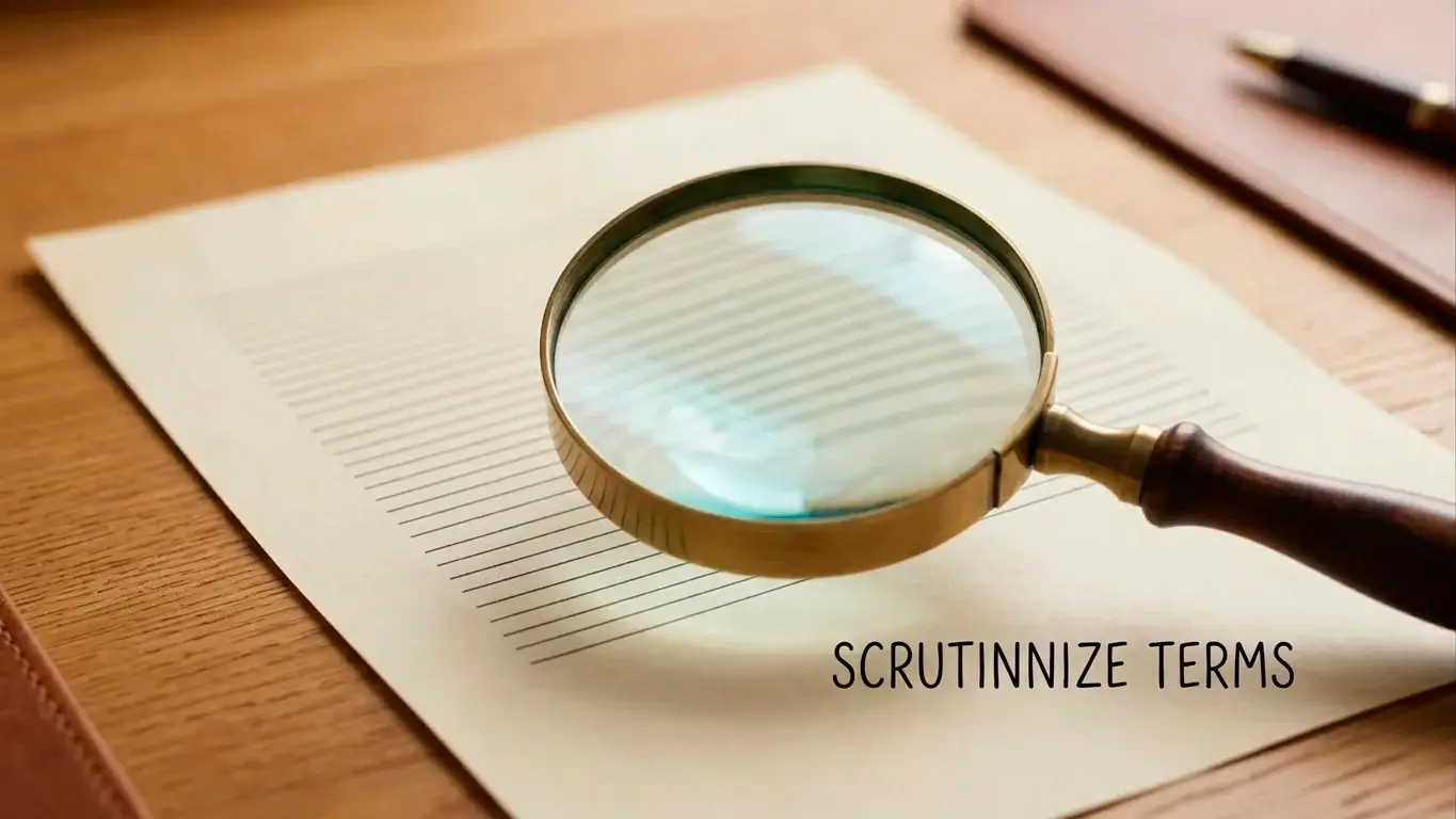 A magnifying glass over fine print on a document, representing reading the bonus terms before claiming an offer.