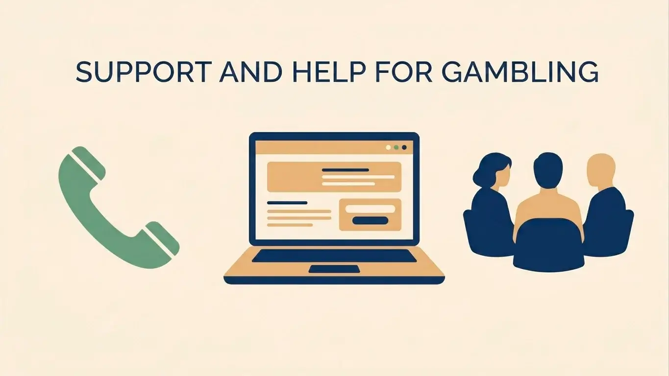Editorial illustration of UK responsible-gambling support resources, showing an open handset glyph for a 24-hour helpline, a laptop with a generic support website outline and a small peer-support group silhouetted in a calm semicircle.