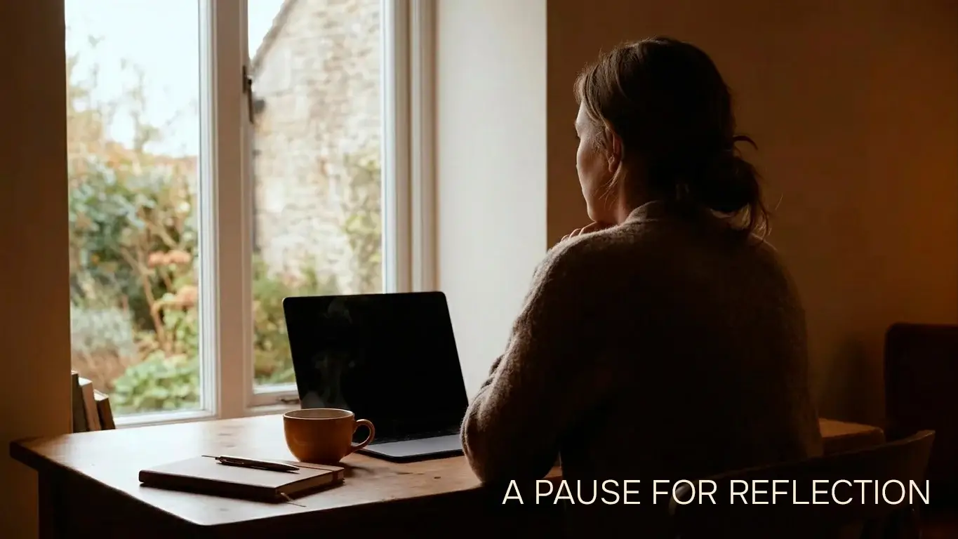 Person at a desk pausing thoughtfully in front of a closed laptop, suggesting reflection before a gambling decision