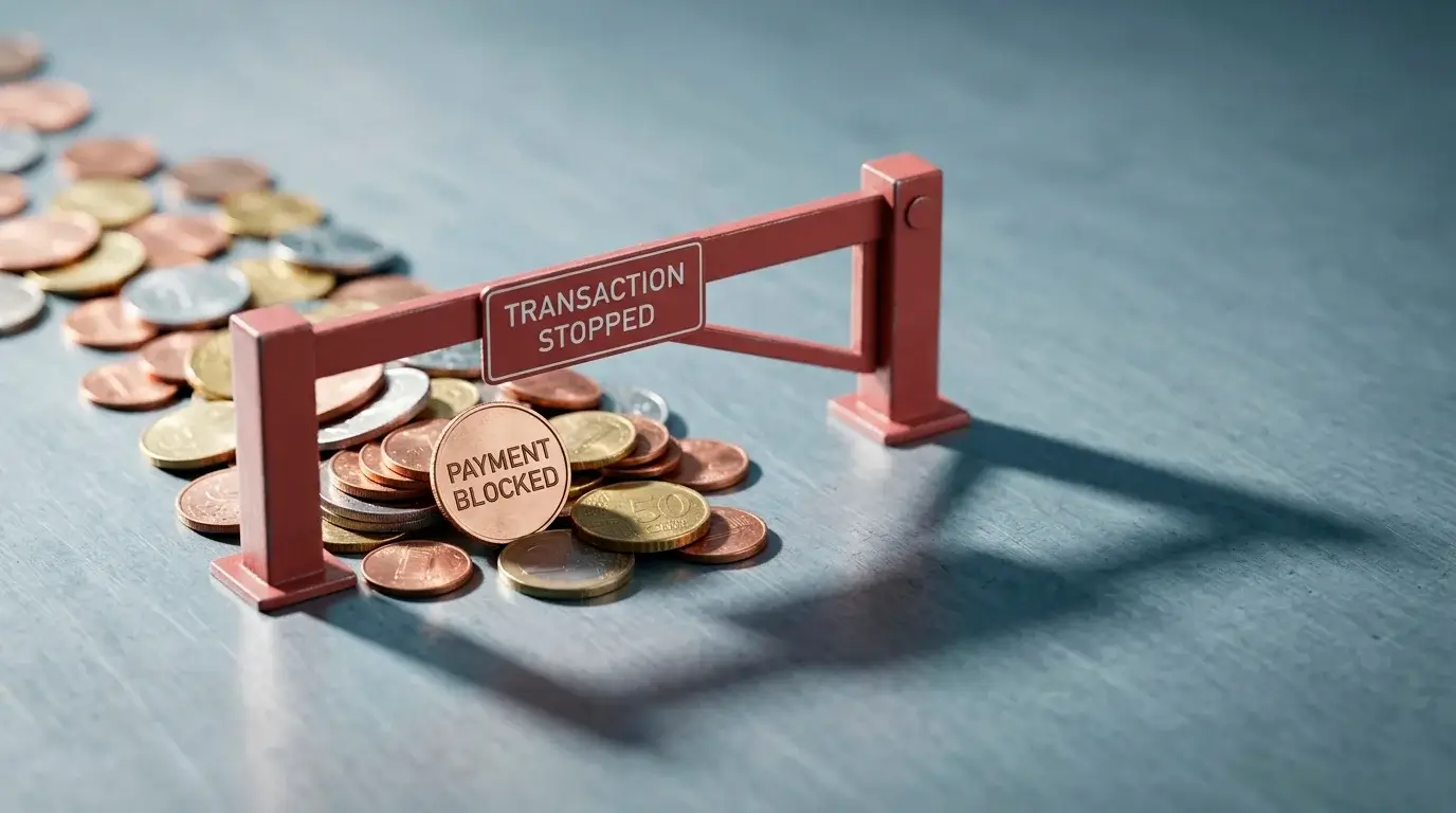 A red barrier across a stream of coins, illustrating a UK bank declining a payment to an unlicensed gambling site.