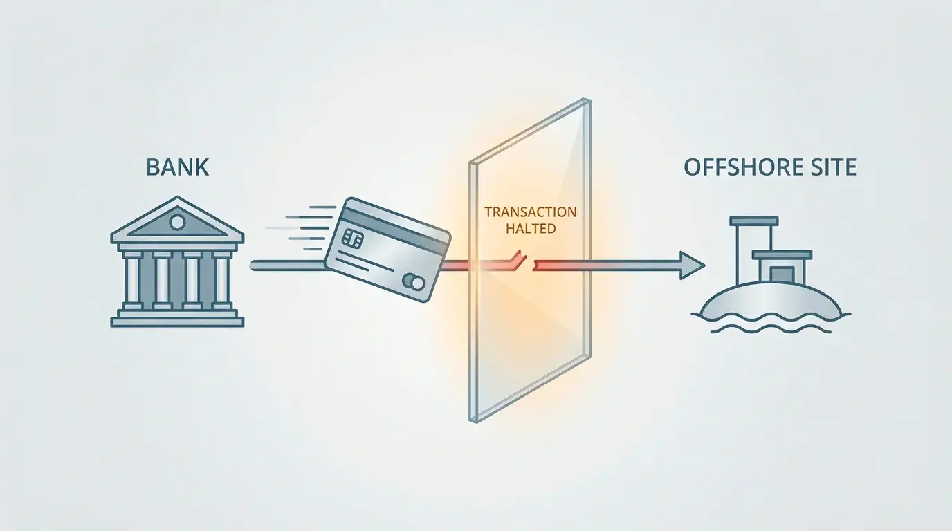 A payment card meeting a barrier between a bank and an offshore site, illustrating blocked gambling transactions