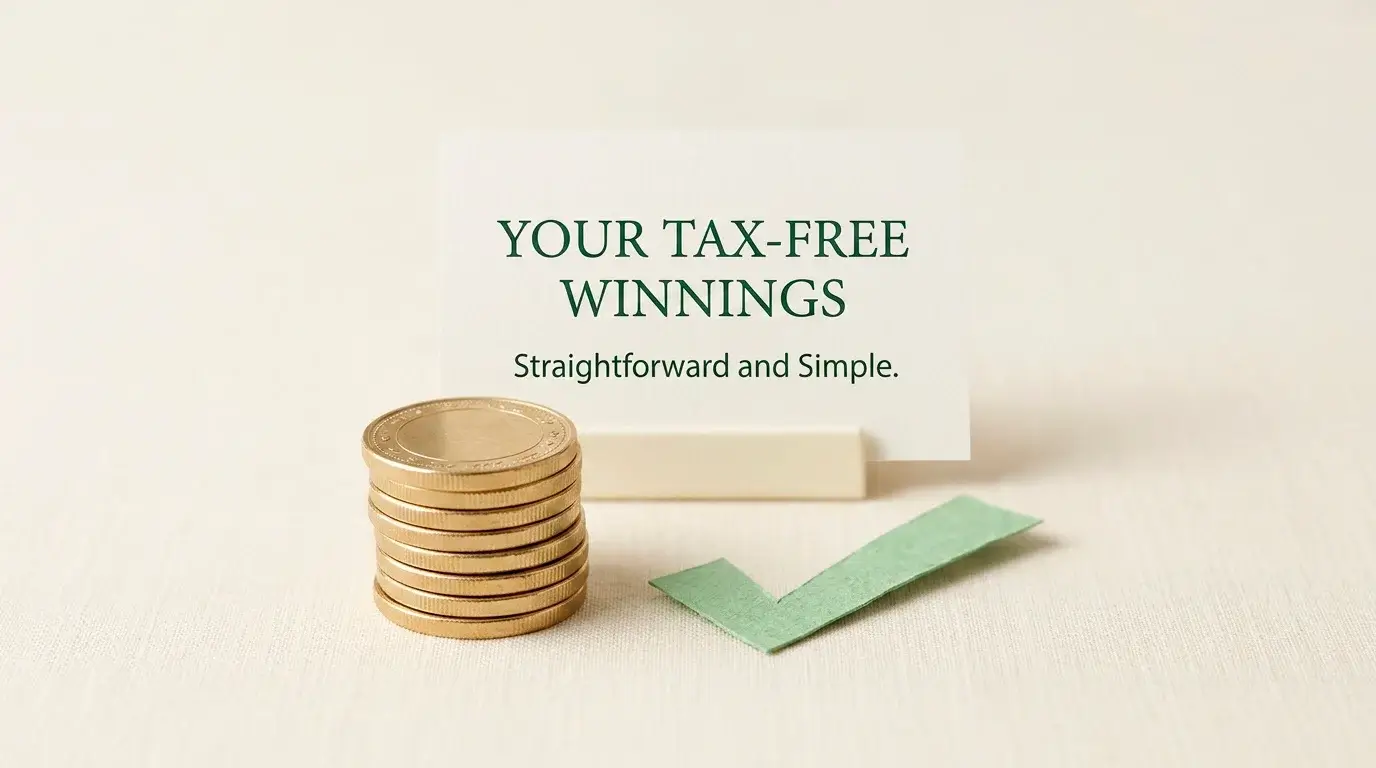 A coin stack with a tick mark indicating gambling winnings are not taxed for UK players