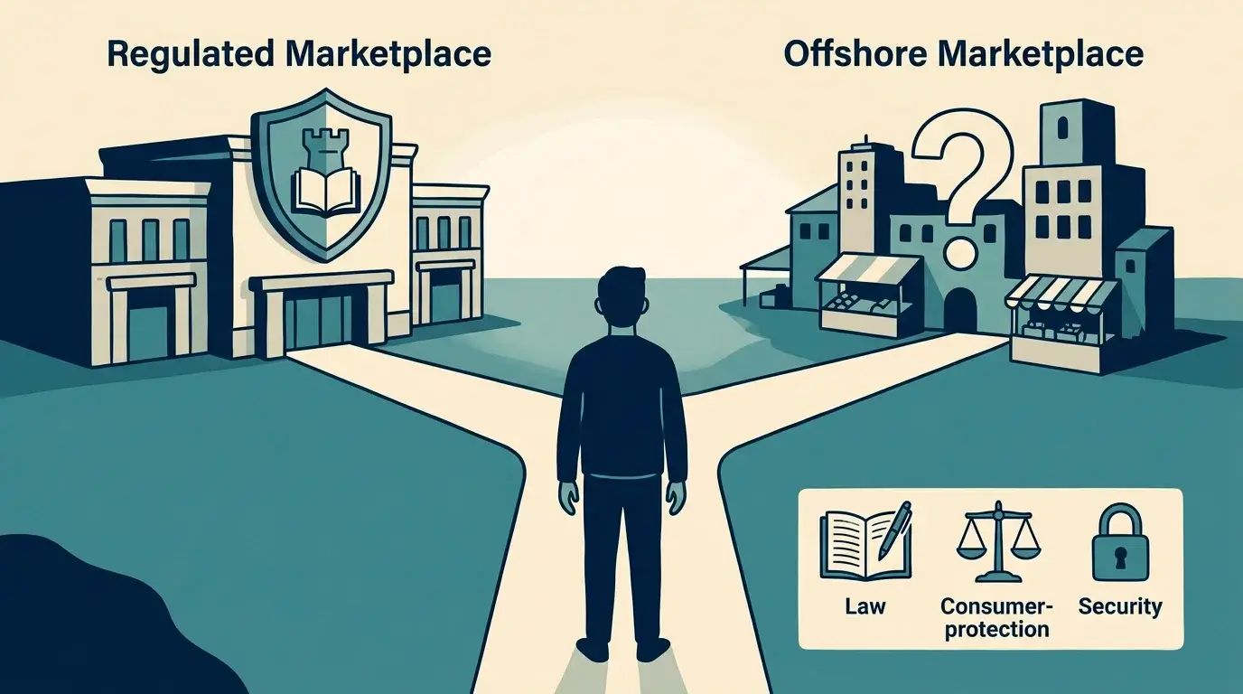 Editorial illustration of a UK player at a crossroads between regulated UKGC operators with consumer protections and offshore operators without UK oversight, with a small legend listing what changes.