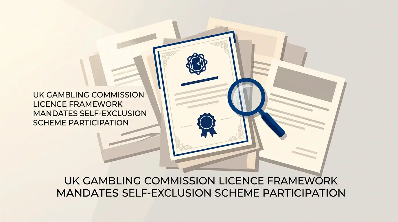 Editorial diagram of the UKGC licence framework with the LCCP Social Responsibility Code Provision 3.5.5 highlighted as the rule requiring participation in GamStop, alongside the licensing register.